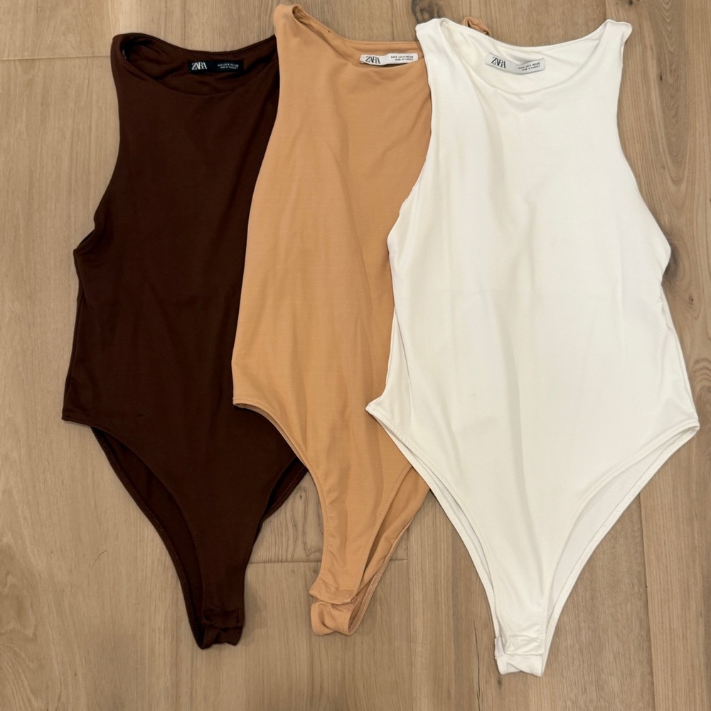 Zara Brown and Tan Ribbed Bodysuits High Neck Sleeveless